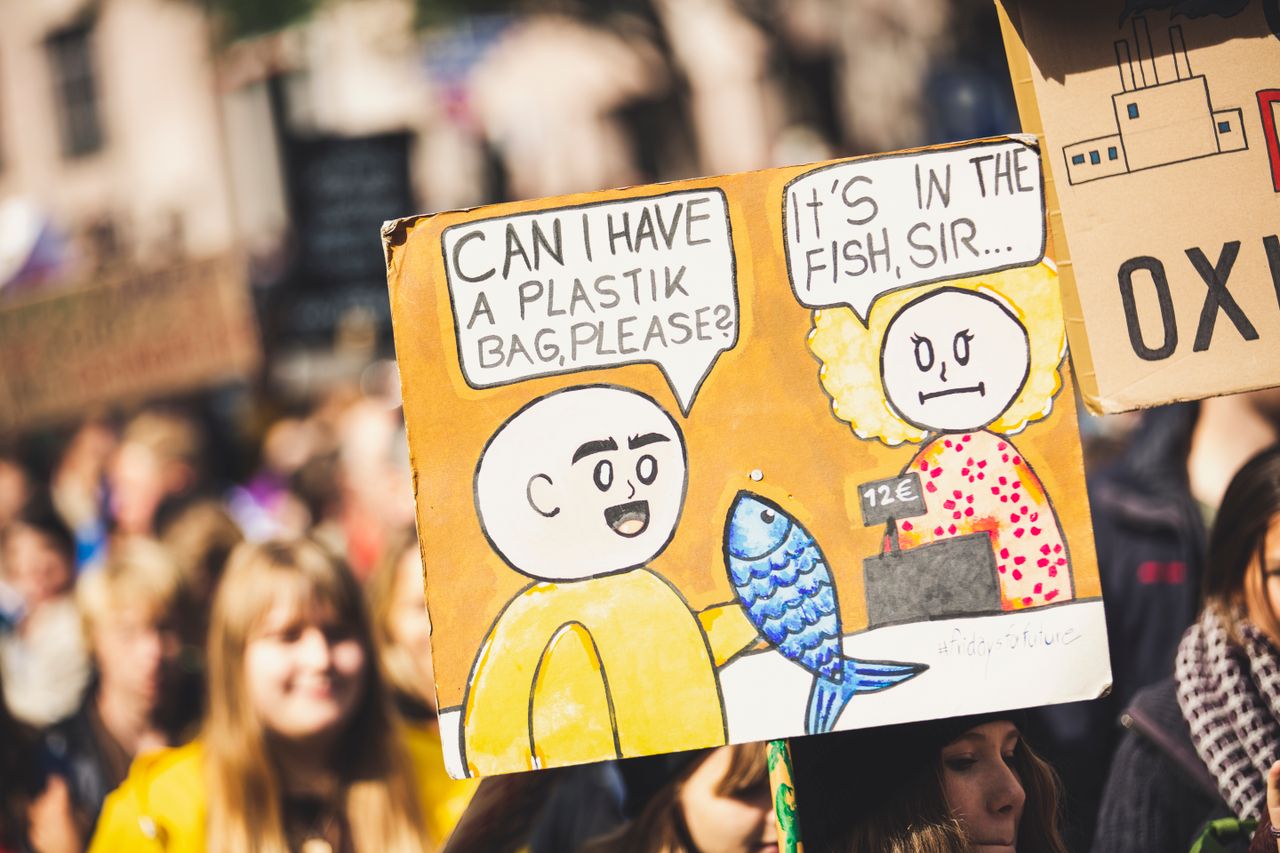 Crafting Captivating Headlines: Your awesome post title goes here A vibrant cartoon sign at an environmental protest highlighting plastic pollution.