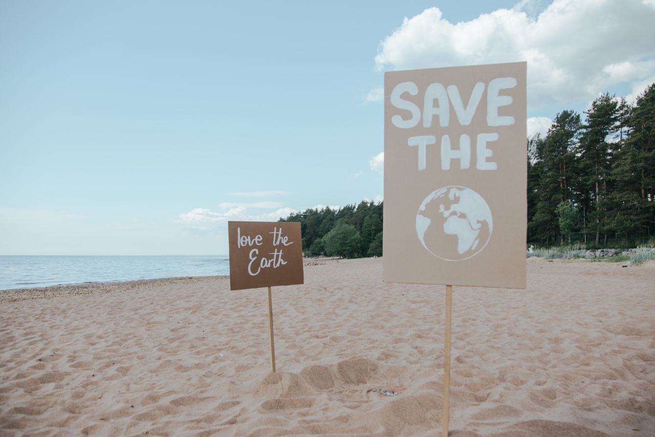 Services Signs advocating environmental protection on a serene sandy beach.